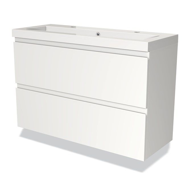 Maxaro Badkamermeubel 100cm Modulo Slim Mat Wit 2 Lades Greeploos Mineraalmarmer