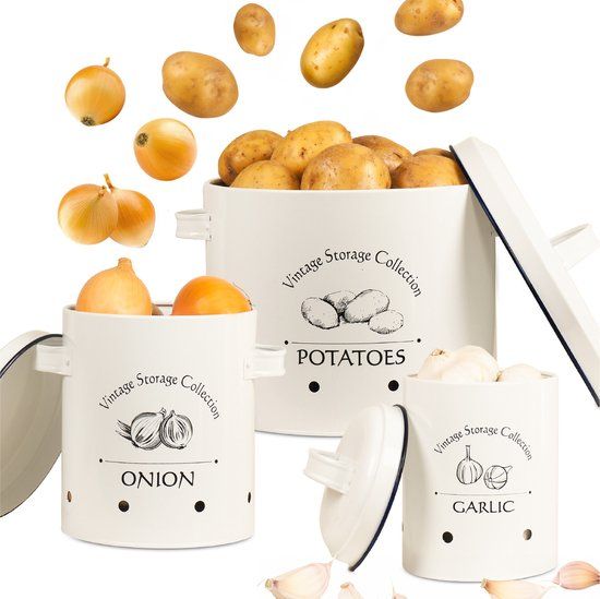 Gadgy Voorraadpotten Set: Aardappelpot, Uienpot & Knoflookpot - 3-delig - Wit - Geëmailleerd RVS