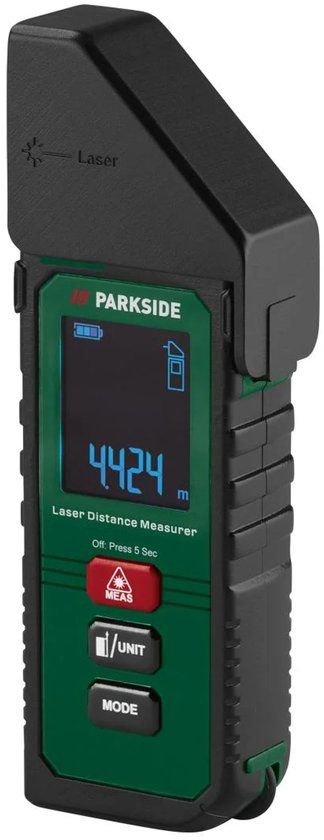 Parkside 5-in-1 Laser Afstandsmeter - 5-in-1: Afstandsmeting, Hoogtemeting, Meetwiel, Rolmaat en Kruislijnlaser - Meetbereik: 7,5 - 2500 cm - Compact