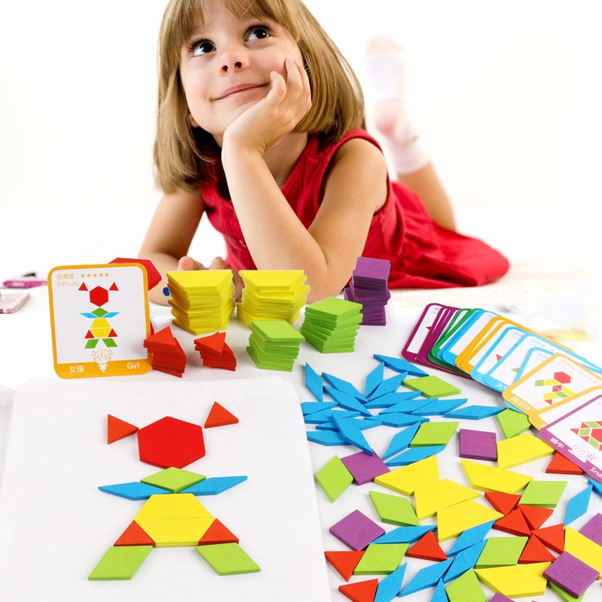 MiDeer QZM 155 stukjes Tangramvormen - Creatieve houten puzzel voor jonge kinderen in het onderwijs - Tangram Kinderen Geometrische Vormen Houten Puzzels - Montessori Speelgoedpuzzel met Geometrische vormen