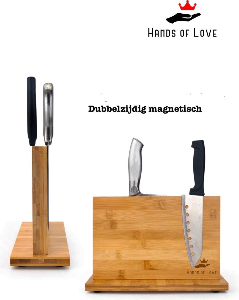 Hands of Love Magnetisch Messenblok zonder Messen – Magneet Messenhouder Bamboe Hout - Dubbelzijdig Magnetisch – Groot