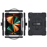 Hoesje iPad Pro 12,9 inch 2022/2021/2020/2018 hoes (6e /5e /4e /3e generatie) hoes met penhouder, robuuste beschermhoes met 360 graden draaibare standaard en polsband, zwart