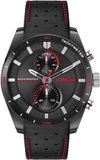 HUGO #FAST Heren Horloge - Mineraalglas - Staal/Leer - Zwart - 44 mm - Quartz - Gesp - 5 ATM