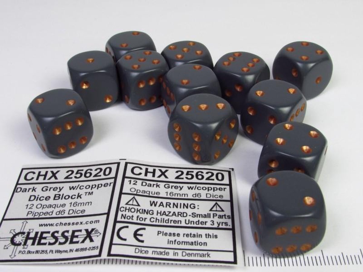 Chessex Set 12 6-zijdig, 16mm grijs met goud