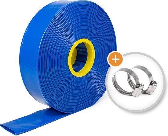Verstevigde platte waterslang - 25m rol - Ø 80mm - Incl. 2x Slangklem - Flexibel & Scheurvast