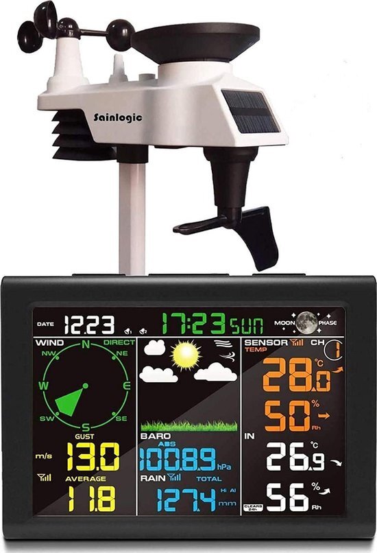 sainlogic Draadloos weerstation met buitensensor, 8-in-1 draadloos weerstation met weersvoorspelling, temperatuur, luchtdruk, luchtvochtigheid, windmeter, regenmeter, maanfase, wekker