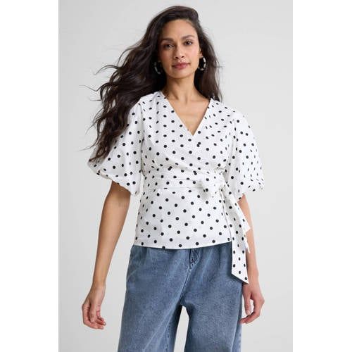 Ruby Ruby polkadot overslagtop met pofmouwen zwart/wit