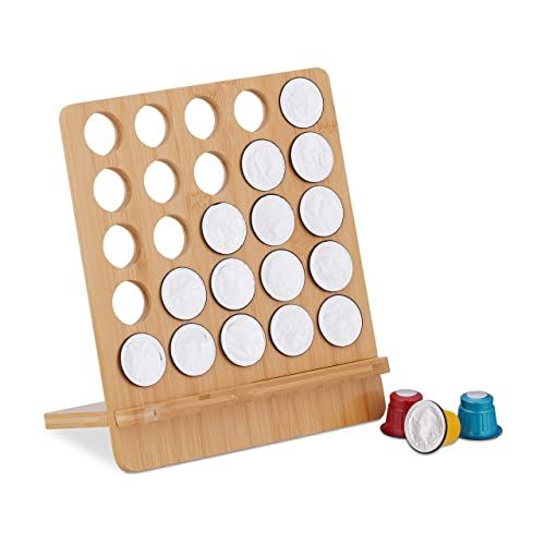 Relaxdays capsulehouder, compatibel met Nespresso, voor 25 cups, koffiecuphouder bamboe, HBD: 24,5 x 22 x 13 cm, natuur