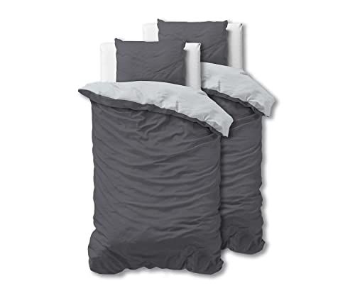Sleeptime 100% Katoen Dekbedovertrek 155cm x 220cm Antraciet/Grijs - Zacht & strijkvrij dekbedovertrek met rits - Tweekleurig dekbedovertrekset met 2 kussenslopen 80cm x 80cm