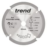 Trend PCD vezelcement cirkelzaagblad, diameter 184 mm, boring 20 mm, 4 tanden, zaaglijn 2,2 mm, haak +12°, PCD, grove afwerking, PCD/FSB/1844A