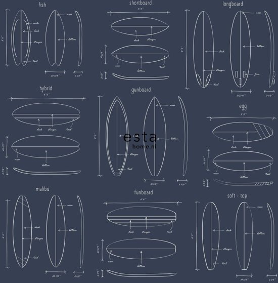 Esta Home behang technische tekeningen van surfplanken donkerblauw - 128871 van uit Regatta Crew - Surf Edition