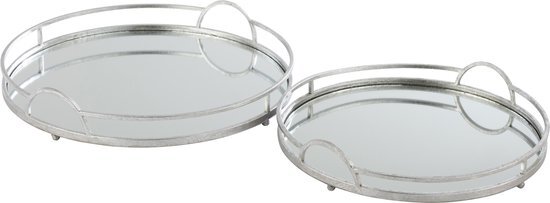 J-Line Set Van 2 Plateau Rond Spiegel Ijzer Zilver - Dienblad 47.00 x 10.00 cm