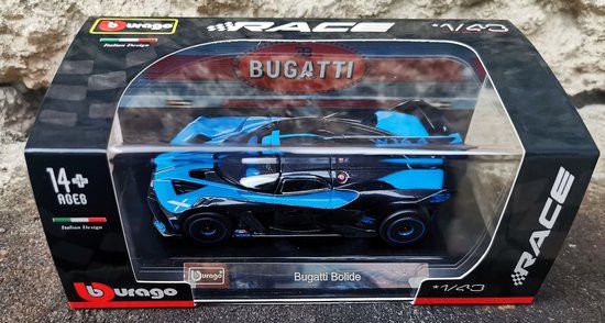 Bburago Bugatti Bolide met vitrine op schaal 1:43, blauw-zwarte diecast auto