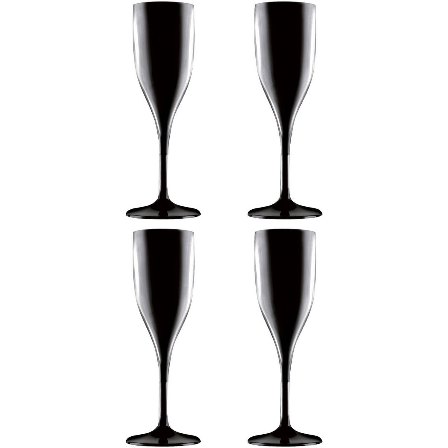 Santex Set van 4x champagneglazen/prosecco flutes zwart 150 ml onbreekbaar herbruikbaar kunststof