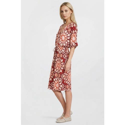 Geisha Gebloemde Midi Zomerjurk - Donkerrood
