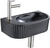 QeramiQ Fuente Fonteinset - 40x21.5x12cm - links - geribbeld - halfrond - 1 kraangat - keramiek - fonteinkraan geborsteld rvs - afvoerplug - verlaagd sifon - zwart mat