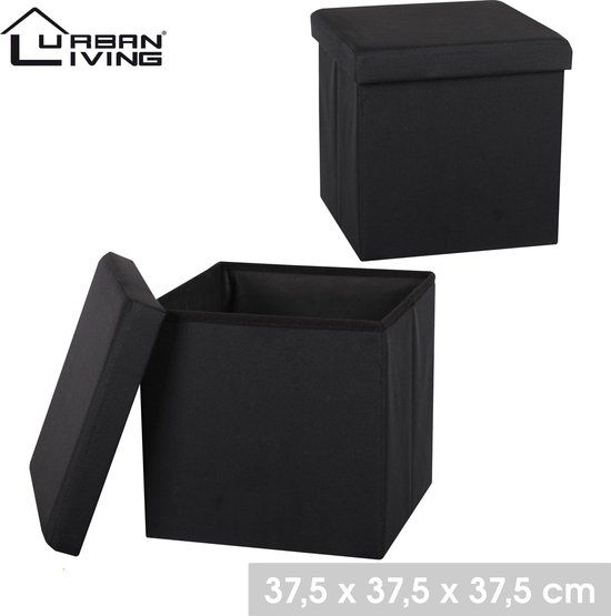 Urban Living Poef/hocker - opbergbox zit krukje - zwart - linnen/mdf - 37 x 37 cm - opvouwbaar