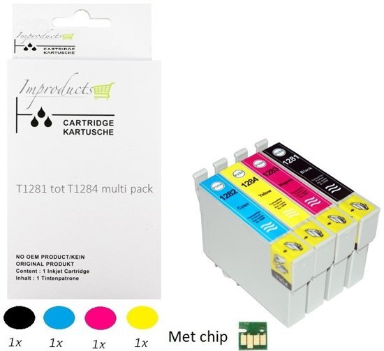 Improducts Â® Huismerk Inktcartridge Alternatief Epson T1285 inktcartridges, 4 pack (1x zwart T1281, 1x cyaan T1282, 1x magenta T1283, 1x geel T1284) = 1x Multipack