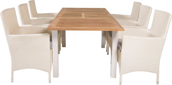 Panama tuinmeubelset tafel 90x152/210cm en 6 stoel Malin wit, naturel.