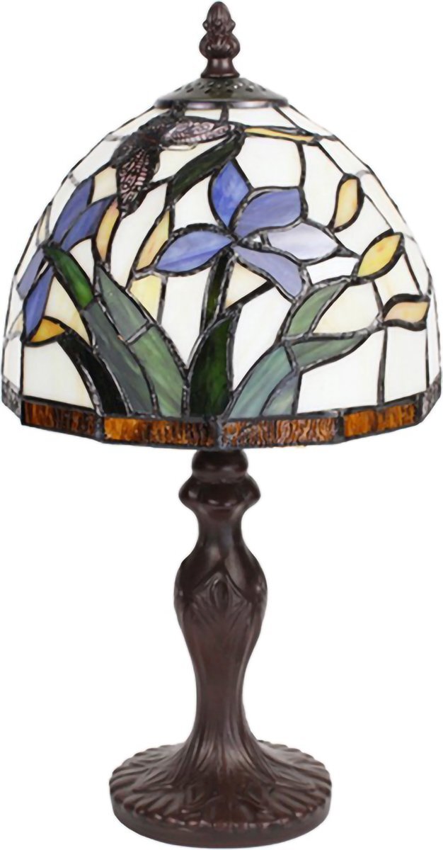 HAES deco - Tiffany Tafellamp Ø 20x36 cm Beige Blauw Glas Rond Bloemen Tiffany Bureaulamp Tiffany Lampen Glas in Lood