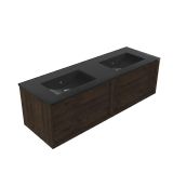 Saniclass Holz Frame Badkamermeubelset - 140x45x42cm - Vygo keramische wastafel zwart - 2 wasbakken - zonder kraangaten - 2 lades - mat eiken charcoal (hout) SW1420776/SW773934