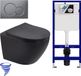 Lomazoo Toilet suspendu avec réservoir encastré - Rond Noir - Plaque de déclenchement Ronde Bronze - Linea