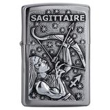 Zippo - Stormaansteker met sterrenbeeld Boogschutter, geborsteld chroom, embleemprint, oplaadbaar, herbruikbaar, winddicht, geschenkdoos, gemaakt in de VS