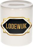 Bellatio Decorations Shoppartners Bv Spaarpot met voornaam Lodewijk - wit - met goud/zwart embleem - 8 x 9 cm - keramiek - met afsluitdop - cadeau verjaardag