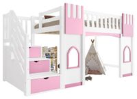Lit mezzanine pour enfants - Lit superposé avec rangement - 90 x 200 cm - Échelle avec rangement - Fenêtre décorative - Matériau : MDF, pin et contreplaqué - Couleur : blanc/rose