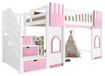 Lit mezzanine pour enfants - Lit superposé avec rangement - 90 x 200 cm - Échelle avec rangement - Fenêtre décorative - Matériau : MDF, pin et contreplaqué - Couleur : blanc/rose