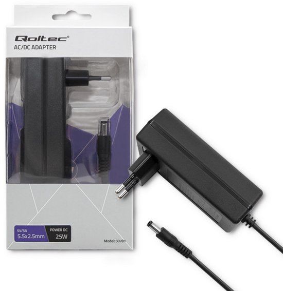 Qoltec Serie - Netadapter - 25W - 5V - 5A - 5.5*2.5 - Zwart