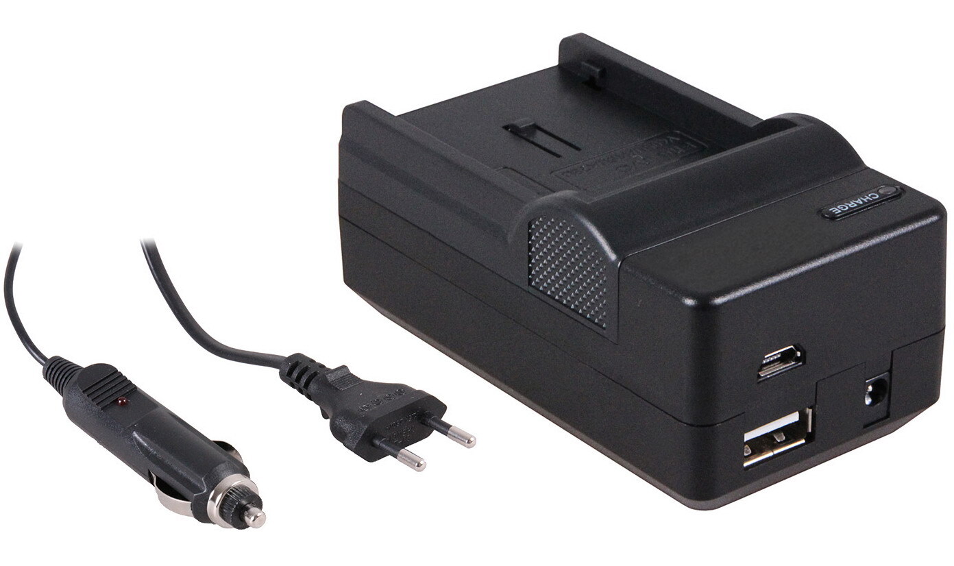 - (compatible) 4-in-1 acculader voor JVC BN-VF808U / BN-VF815U / BN-VF82U - compact en licht - laden via stopcontact, auto, USB en Powerbank