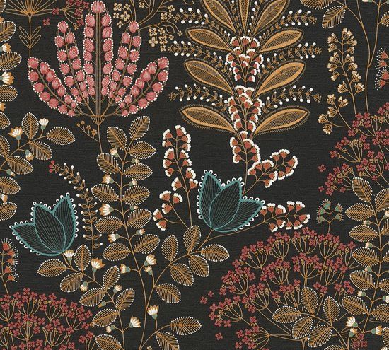 Living Walls Famous Garden 39349-5 Botanisch Bloemenbehang Vlies Meerkleurig Zwart Blauw Oranje Rood