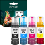 Evoke compatible ink for Epson 104 T104 104XL C13T00P140 C13T00P240 C13T00P340 C13T00P440 4X CMYK: Black Pigment+Cyan+Magenta+Yellow 280 ml Ecotank Et-1810 2710 2711 2712 2714 2715 2720 2721 2726
