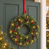 Couronne décorée - avec éclairage - D45 cm - avec cintre de porte rouge - couronne de Noël