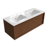 Saniclass Set meuble de salle de bain avec cadre en bois - 120x45x42cm - Lavabo en céramique Vygo blanc - 2 vasques - sans trous de robinetterie - 1 tiroir - noyer mat pur (bois) SW1420774/SW773928