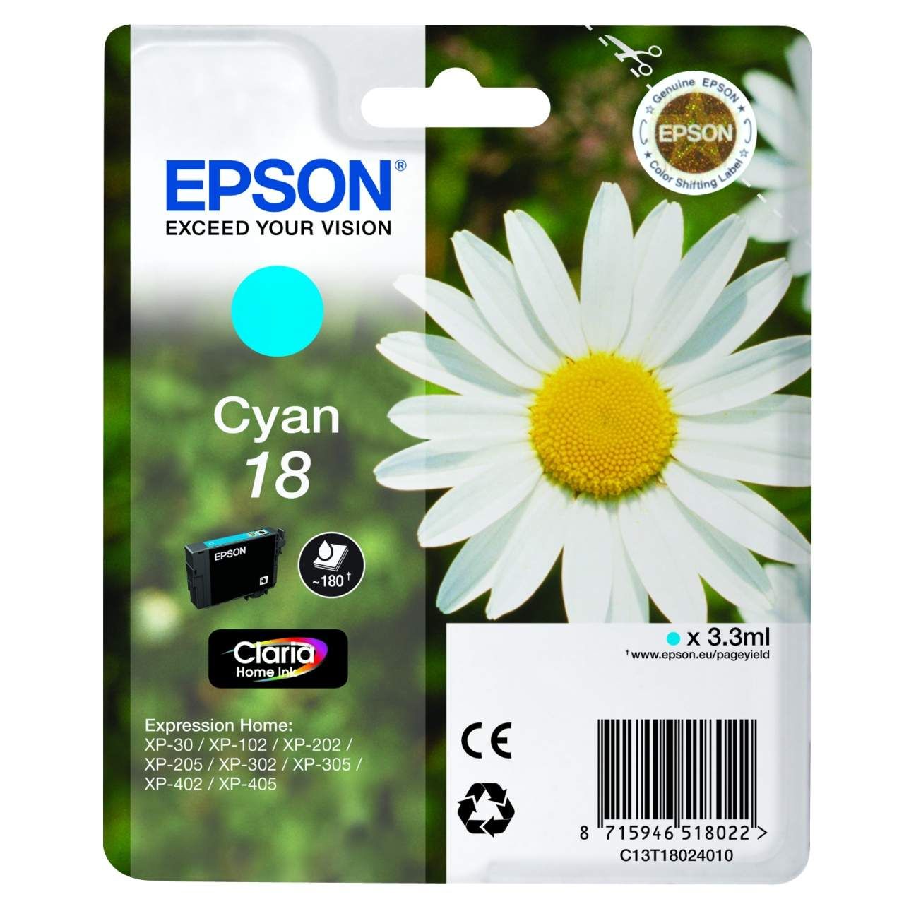 Epson T1802 Cyaan inktcartridge - 3 ml - Geschikt voor Epson XP-30 / XP-102 / XP-202 / XP-205 / XP-302 / XP-305 / XP-402 / XP-405