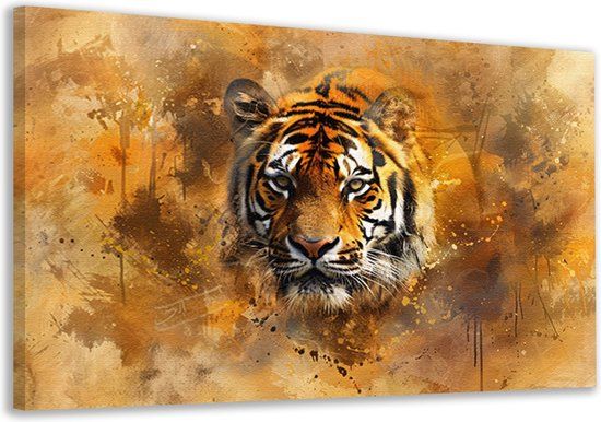 Merkloos / Sans marque Tijger portret Canvas Schilderij - 60x40 cm - Oranje/Bruin/Zwart/Wit/Geel - Modern