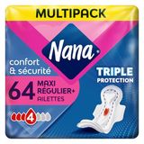 Nana Maxi Regular Plus maandverband, matige stroom, comfort en veiligheid met drievoudige bescherming, 64 handdoeken met vleugels