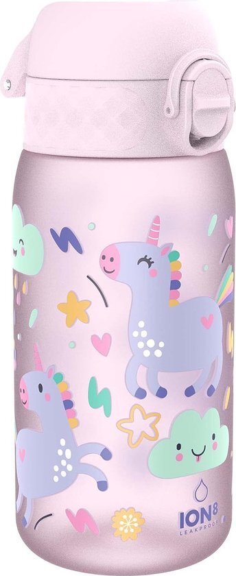 Roze ion8 Pod lekvrije kinderwaterfles - BPA-vrije drinkbeker - Inhoud 350 ml - Eenhoorn