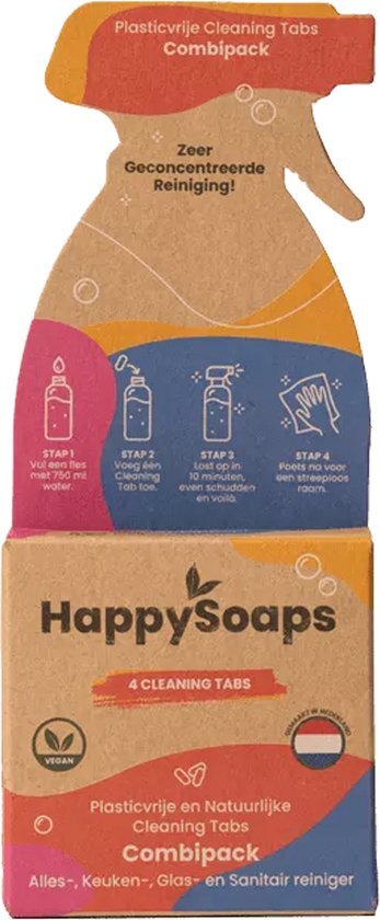 HappySoaps Cleaning Tabs - Combipack met 4 Verschillende Tabs - Allesreiniger, Keukenreiniger, Glasreiniger en Sanitairreiniger - 100% Plasticvrij, Duurzaam &amp; Vegan