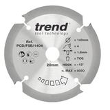 Trend PCD vezelcement cirkelzaagblad, diameter 140 mm, boring 20 mm, 4 tanden, zaaglijn 1,8 mm, haak +12°, PCD, grove afwerking, PCD/FSB/1404