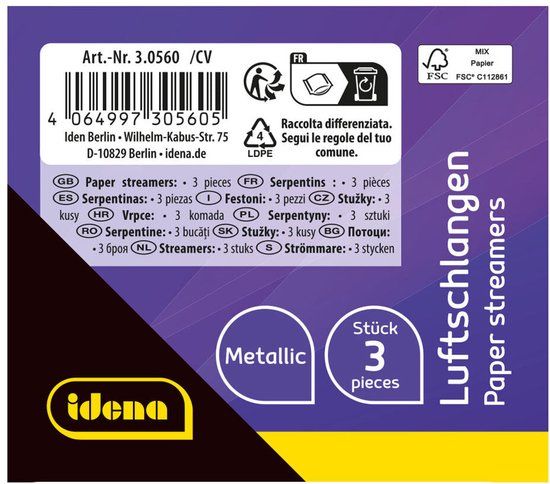 Idena Wimpels 18 scheurtjes 5 metallic kleuren 4m 3 stuks