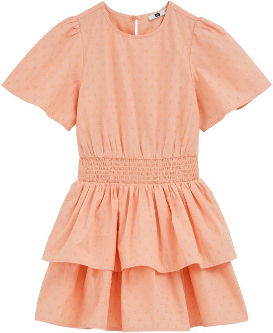 WE Fashion Meisjes jurk met structuur en smokdetail - Zalmroze - Katoen - Maat 158/164