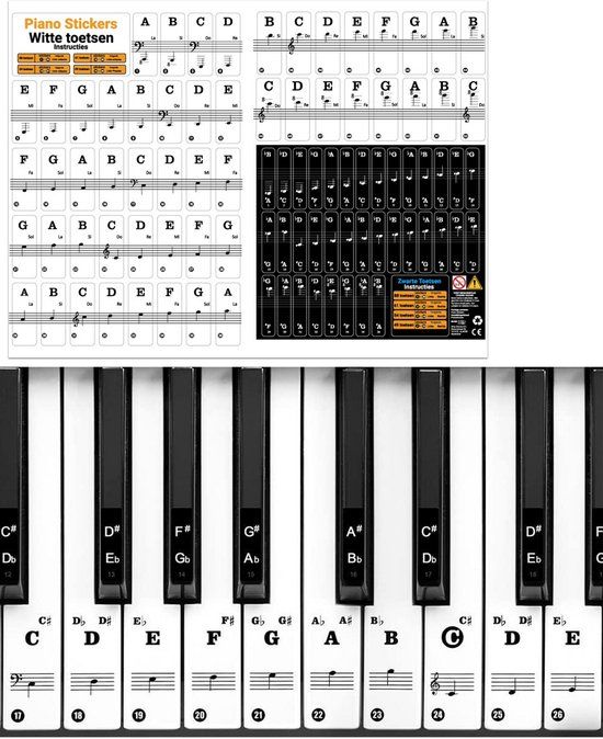 Finesse Piano Stickers - Herbruikbaar Zonder Lijmresten - 32/37/49/54/61/88 - Witte & Zwarte toetsen - Toetsenwijzer