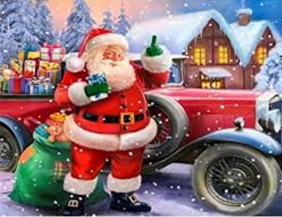 Denza Diamond Painting - Vrolijke Kerstman Oldtimer - 40x50cm - Rond - Kerst