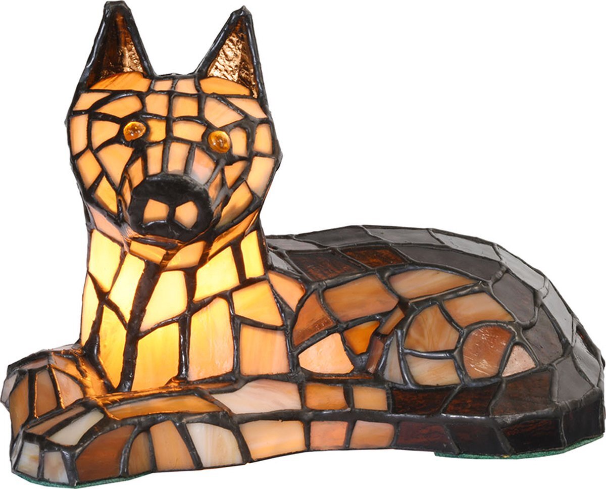 HAES deco - Tiffany Tafellamp Hond 25x13x17 cm Bruin Glas Tiffany Bureaulamp Tiffany Lampen Glas in Lood