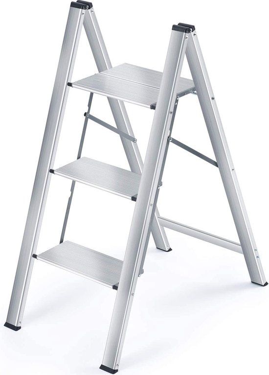Kingrack Vouwladder, trapladder, huishoudladder, aluminium ladder, ladder met 3 treden, draagvermogen tot 200 kg, aluminium
