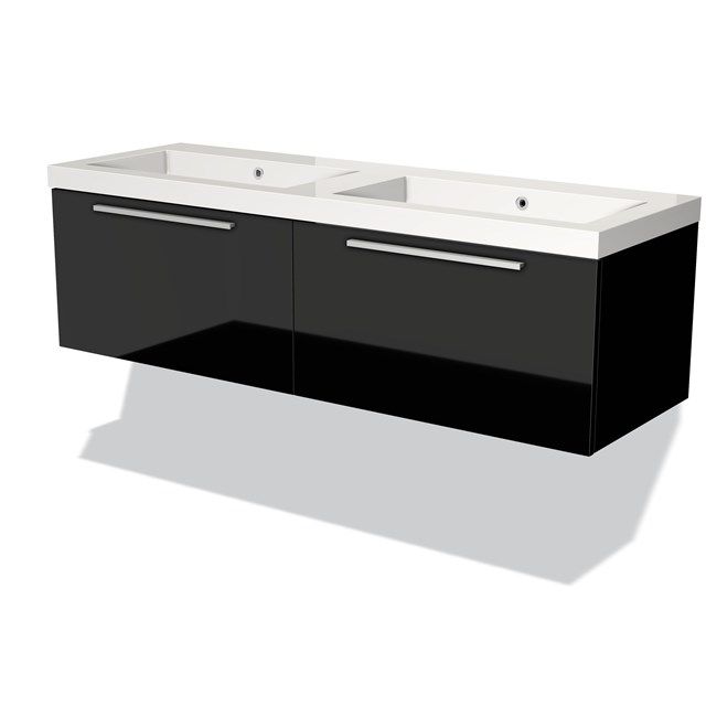 Maxaro Badkamermeubel 140cm Modulo Hoogglans Zwart 2 Lades Vlak Wastafel Mineraalmarmer