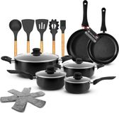 Rochester 18-delige Pannenset met Deksels - Set met 6 PFAS-vrije Kookpotten, Koekenpannen & Steelpannen - Koekenpannenset - Kookpottenset - Inductie - Aluminium - Zwart